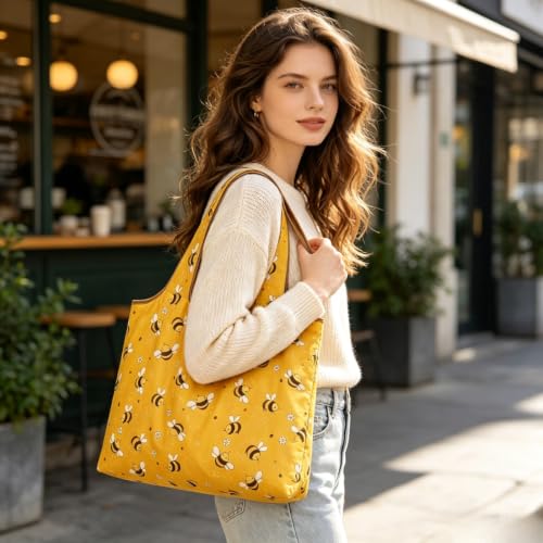 Large Capacity Unisex Tote Bag,Foldable Tote Nylon Reusable Grocery Bags,with Camouflage Pattern for Shopping,Travel,Camping - color: Yellow Bee