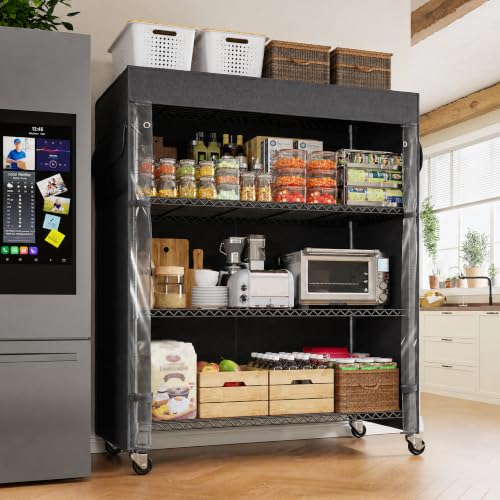REIBII 4-Tier Shelving Unit with Cover, Dustproof, with Wheels for Pantry - size: 36" W x 14.3" D x 56.5" H