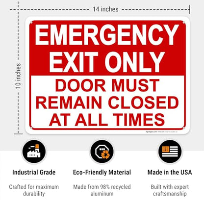 Emergency Exit Only, Door Must Remain Closed Sign, - size: 10x14
