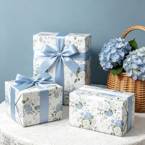 Cuitpan Reversible Floral Wrapping Paper Roll – Blue Hydrangea & White Rose, Light Blue on Back Side, Gift Wrap for Wedding, Bridal Shower, Anniversary, Mother's Day, Birthday, 17 Inches x 16.5 Feet - color: Floral-Blue