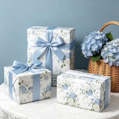 Cuitpan Reversible Floral Wrapping Paper Roll – Blue Hydrangea & White Rose, Light Blue on Back Side, Gift Wrap for Wedding, Bridal Shower, Anniversary, Mother's Day, Birthday, 17 Inches x 16.5 Feet - color: Floral-Blue