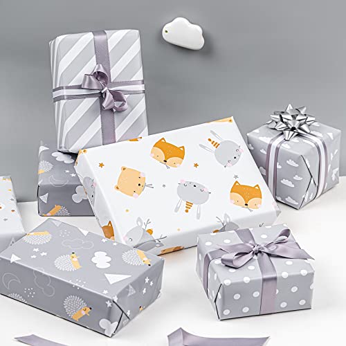 WRAPAHOLIC Reversible Baby Shower Wrapping Paper Roll - Mini Roll - 17 Inch x 10 Feet - Adorable Hedgehogs and Clouds Design Perfect for Neutral Baby Shower, Kids Birthday, Party - color: Grey Baby - Hedgehog & Cloud