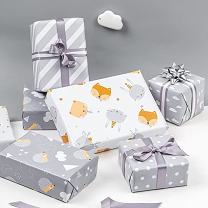 WRAPAHOLIC Reversible Baby Shower Wrapping Paper Roll - Mini Roll - 17 Inch x 10 Feet - Adorable Hedgehogs and Clouds Design Perfect for Neutral Baby Shower, Kids Birthday, Party - color: Grey Baby - Hedgehog & Cloud