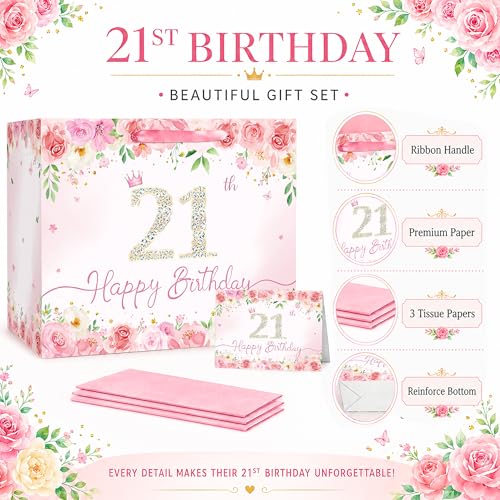 QISOLIY Pink Floral 21st Birthday Gift Bag for Women, Large Happy 21st Birthday Gift Bag with Tissue Paper and Greeting Card Included, Elegant Birthday Present Bag for Daughter, Sister, Best Friend and Her - color: 21th