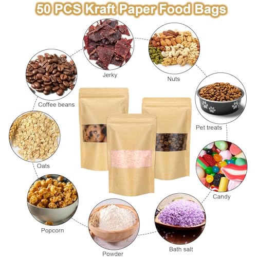 50 Pack Kraft Resealable Bags with Window for Storage (4 x 6.5 Inches) - size: 4 x 6.5 Inches