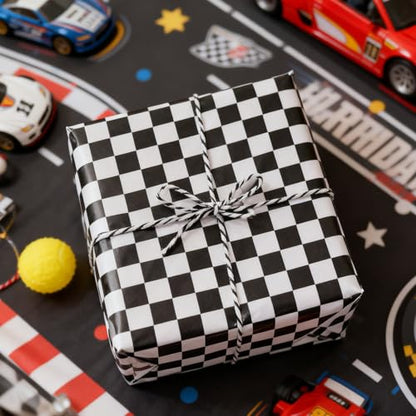 Cuitpan Reversible Birthday Wrapping Paper – Checkered Happy Birthday Text & Black White Checkerboard, Gift Wrap for Men, Racing Theme Design, Birthday Party, 17" x 16.5ft - color: Happy Birthday-Black