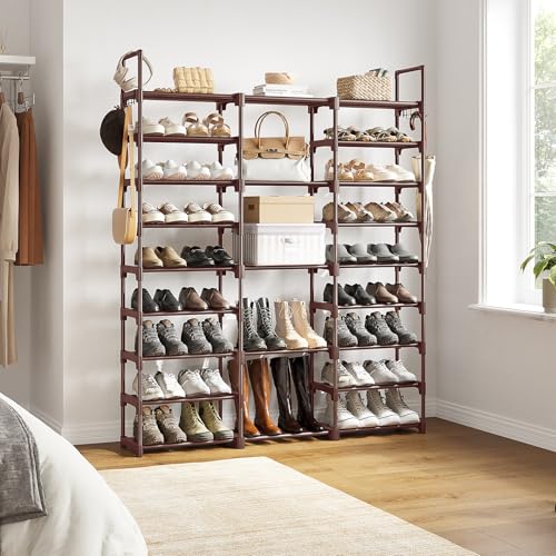 WOWLIVE 9 Tier 3-Column Shoe Rack, 50-55 Pairs Stackable Brown - color: Brown, size: 3 Row 9 Tier
