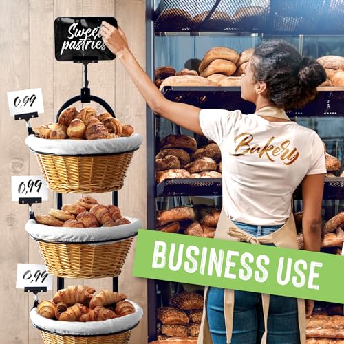 4 Tier Wicker Basket Display Stand for Retail with Wheels and Sign Clips