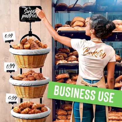 4 Tier Wicker Basket Display Stand for Retail with Wheels and Sign Clips