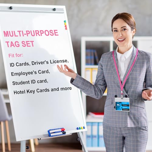 Marspark 100 Sets 4"x3" Name Badge Holder with Lanyard Bulk, Pink - color: Pink