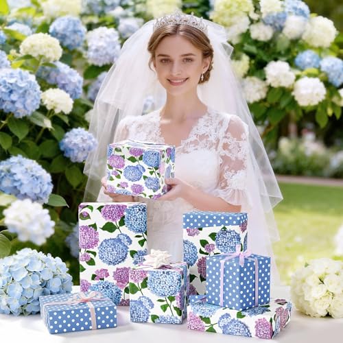 WERNNSAI Hydrangea Wrapping Paper 17 In x 33 Ft Blue Floral Wrapping Paper - color: Hydrangea