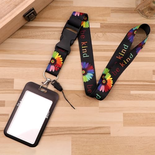 Be Kind Breakaway ID Badge Holder Lanyard with Retractable Badge Reel Cute Flowers Keychain Lanyard for Women Teachers Men Kids for ID Badge Keys Cruise Ship Card Preppy School Reel ID Holder(Black) - color: Be Kind & Flower