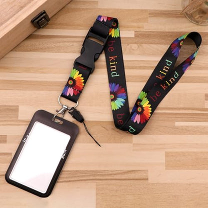 Be Kind Breakaway ID Badge Holder Lanyard with Retractable Badge Reel Cute Flowers Keychain Lanyard for Women Teachers Men Kids for ID Badge Keys Cruise Ship Card Preppy School Reel ID Holder(Black) - color: Be Kind & Flower