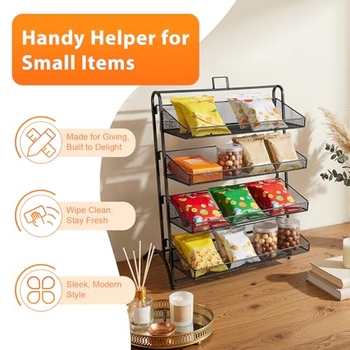 4-Tier Retail Candy Display Rack with Baskets, Metal Snack Organizer, Black, Iron, Modern, 16.14 x 9.84 x 20.27 inches, Countertop, Stable Structure, Retail Store Display