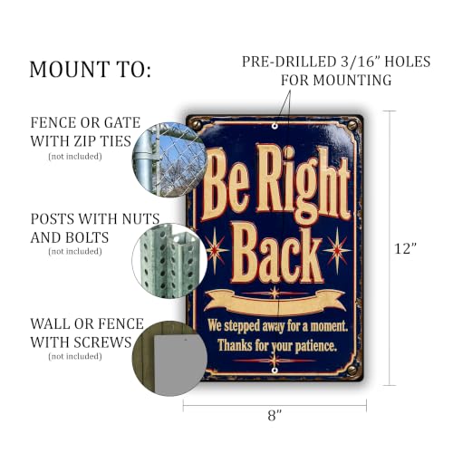 Be Right Back Vintage Enamel Business Sign - style: Be Right Back