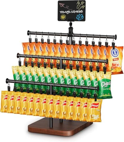 MOJOHAND 3-Tier Snack Display, 42 Clips, Pine Wood Base