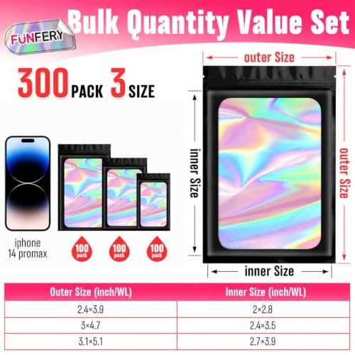 Funfery 300 Pack 3 Size Mylar Holographic Bags with Clear Window,Black - color: Black, size: 2.4x3.9+3x4.7+3.1x5.1 Inch