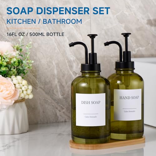 Glass Soap Dispenser with Pump, Dish and Hand Soap Dispenser for Kitchen Bathroom Set, Clear Glass Dispenser Set of 2 Pack with 18 Stickers Funnel Bamboo Tray 500ml 18oz Green - color: Glass Green