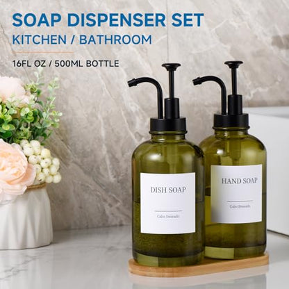 Glass Soap Dispenser with Pump, Dish and Hand Soap Dispenser for Kitchen Bathroom Set, Clear Glass Dispenser Set of 2 Pack with 18 Stickers Funnel Bamboo Tray 500ml 18oz Olive Green - color: Glass Olive Green