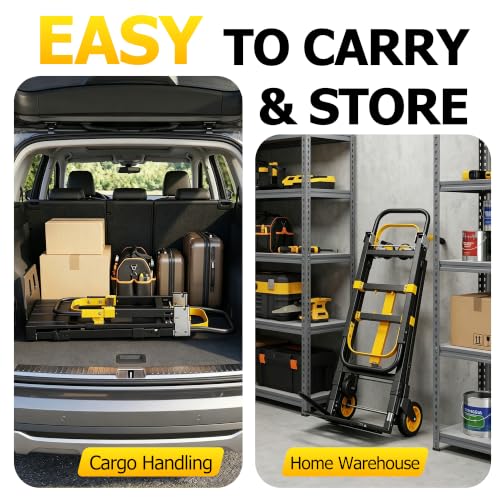 3 in 1 Folding Hand Truck, 600lbs Capacity Dolly Cart Industrial Convertible Heavy Duty with Retractable Handle and 4 Rubber Wheels, Collapsible Cart for Moving Home, Office, Warehouse - color: Black-600
