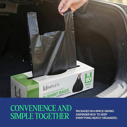 Simple's Black Plastic T-Shirt Bags with Handles – 80 Count – 12"x7"x22" – 1.2 Mil – Grocery & Retail - color: Black, size: 1 Pack = 80 Bags