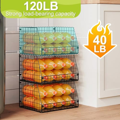 3 Pack XXL Stackable Wire Baskets, Large Storage Bins for Onion, Potato, Vegetable, Fruit, Snack, Pantry Baskets for Kitchen Cabinet Countertop, Pantry Organizers and Storage Solutions - size: 3 Pack-Wide 15.4"W x 11.8"D