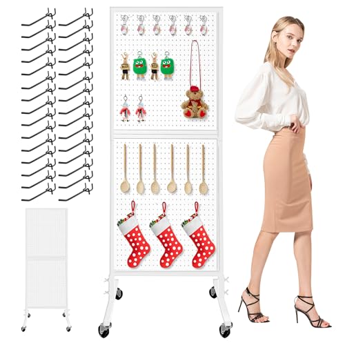 Royxen 2' x 5.6' Large Standing Pegboard Display with T-Base, Metal Pegboard Display Stand with 30 Hooks, Peg Board Panels with Wheels for Vendors, Home and Retail Store (White) - color: White