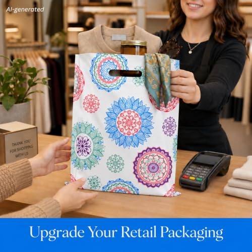 Rainbows & Lilies Mandala Plastic Bags with Handles, White, 100pk, 12x15 in - color: White Mandala Design