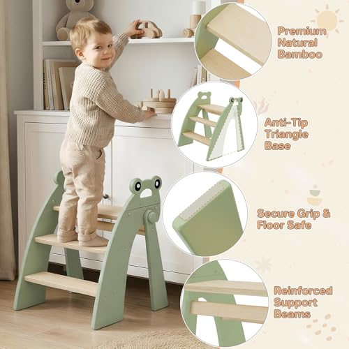 Wooden Step Stool for Toddlers, 3 Foldable Step Stool for Kids Bathroom Sink & Potty Training, Bamboo Toddler Stool with Green Frog Handles and Non-Slip Pads for Bedroom, Kitchen Helper - color: 3 Step Green