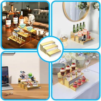 6 PCs 9 Inch Gold Mirror Acrylic Display Risers 3 Tier Stand - color: Golden 6 PCs