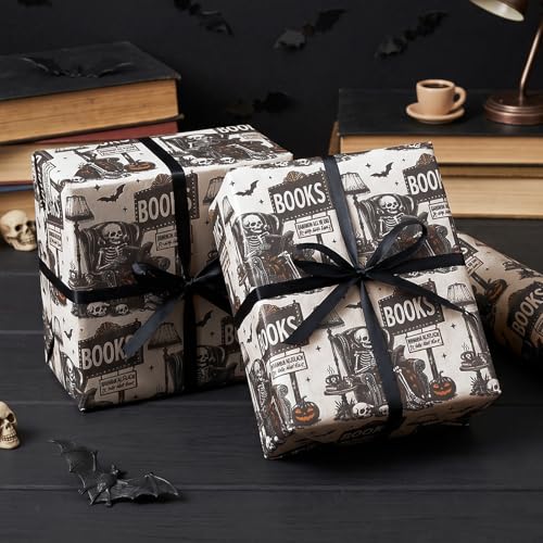WRAPAHOLIC Kraft Halloween Skeleton Reading Wrapping Paper Roll - Mini Roll - 17 Inch x 16.5 Feet - Vintage Gothic Kraft Wrapping Paper for Halloween, Party, Birthday, Holiday