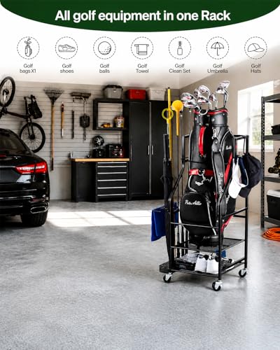 FHXZH Golf Bag Storage Garage Organizer - Golf Bag Stand with Wheels - color: Black - Without Bottom Drawer Basket