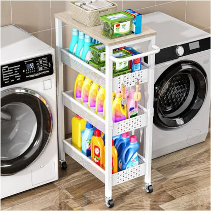 Vivihomety 4-Tier Laundry Utility Rolling Storage Cart with Wheels, Metal - color: White, size: 8.1 inch wide