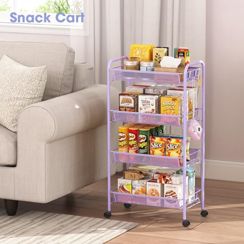 TOOLF 4 Tier Rolling Cart, Metal Utility Storage Cart with Wheels, Purple - color: Purple, size: 4-Tier