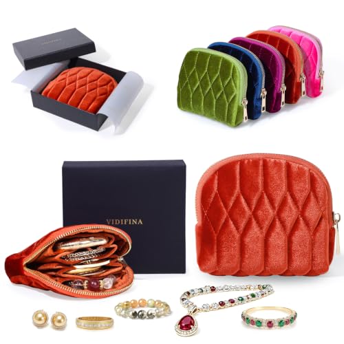 Small Travel Jewelry Case, Velvet Pouch with Zipper Caramel - color: Caramel