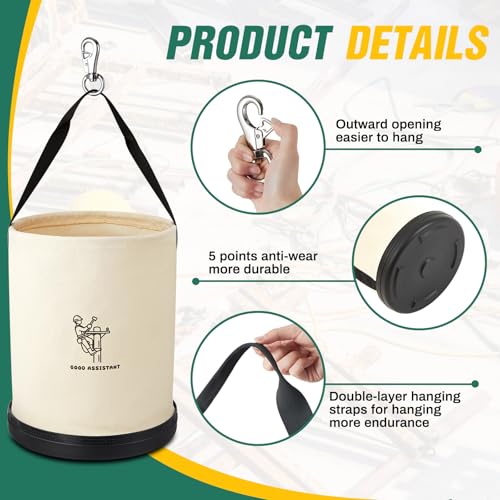 1 Pack 15" x 12" Canvas Tool Bucket Bag, Heavy Duty 150 Lbs Load Capacity, Truck Tool Organizer with Plastic Bottom Metal Hook for Linemen Electricians & Construction Workers (White) - color: White