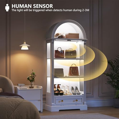 Arched Display Cabinet with Glass Doors, 72" Tall Curio Cabinet with Human Sensor Lights, 4-Tier Display Case for Collectibles Bookcase Living Room - color: White