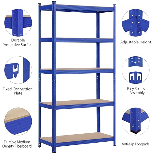 Topeakmart 5 Tier Metal Storage Shelving Unit, 35.5x16x71 Inch Blue - color: Blue, size: 35.5 x 16 x 71 Inch