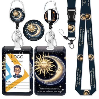 Funny Sun Moon Retractable Badge Reel with Lanyard & ID Badge Holder - color: Funny Sun Moon