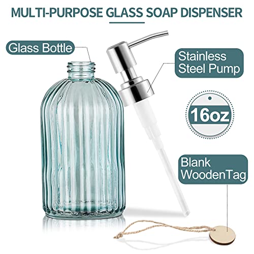 MOCLIF 16OZ Fashion Stripe Clear Glass Refillable Soap Dispenser with 304 Stainless Steel Pump Premium Soap Dispenser， for Kitchen, Bathroom, Hand Sanitizer, Liquid Soap, Lotion, etc. (Clear Blue) - color: Light Blue