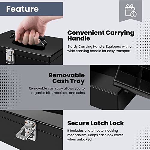 Flexzion Cash Box with Money Tray, Latch Lock, 11 x 7.7 x 3.5 Inch, Black - color: Black