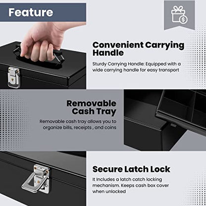 Flexzion Cash Box with Money Tray, Latch Lock, 11 x 7.7 x 3.5 Inch, Black - color: Black