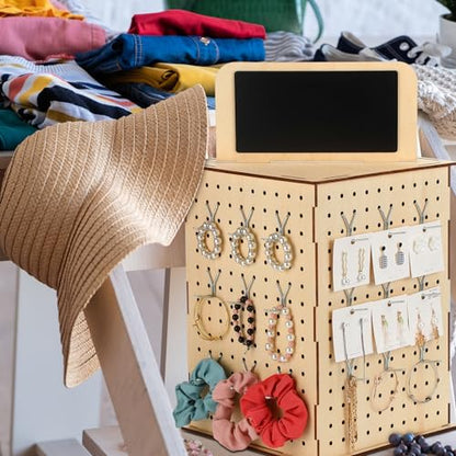 Barydat Rotating Pegboard Display Stand with Hooks, 4 Sided Revolving Jewelry Organizer Stand 11.8 x 15.8 In with Blackboard for Retail Display Trade Show Craft Shows Keychain Vendor Events(Natural)