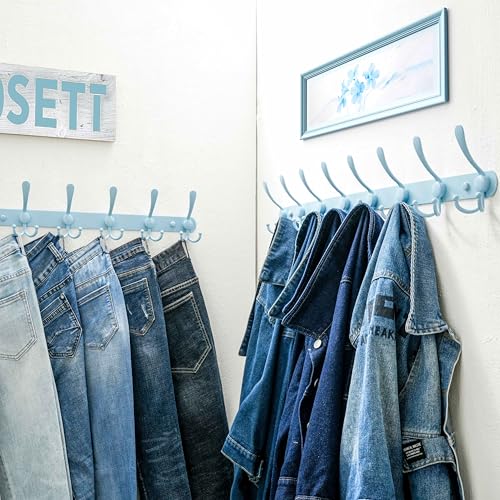 Dseap Coat Rack Wall Mount - 29.5” Long 8-Tri-Hooks Heavy Duty Coat Hanger Rail Wall Hooks for Hanging Coats Hats Clothing Clothes Purse Mudroom Entryway, Blue - color: Blue, size: L=29.5” (1 Pcs)