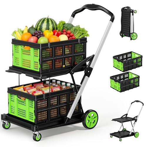 8-in-1 Max 200LBS Collapsible Shopping Cart on Wheels with 2 Storage Crates, Portable Foldable Shopping Cart with Foot Brake for Picnic, Supermarket, Office, Green-2026 Upgraded - color: Green