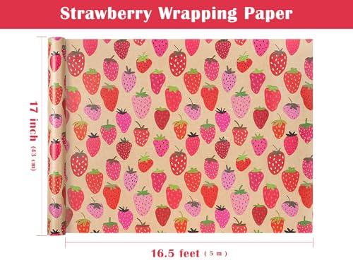 WRAPAHOLIC Kraft Strawberry Wrapping Paper Roll - Mini Roll - 17 Inch x 16.5 Feet - Sweet Strawberry Fruits Wrapping Paper for Summer, Birthday, Wedding, Bridal Shower - color: Kraft - Strawberry, size: 17 inch x 16.5 feet