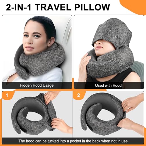 Travel Pillow - Hooded Neck Pillow Airplane Memory Foam Filling - color: Dark Gray