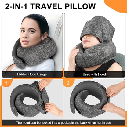 Travel Pillow - Hooded Neck Pillow Airplane Memory Foam Filling - color: Dark Gray