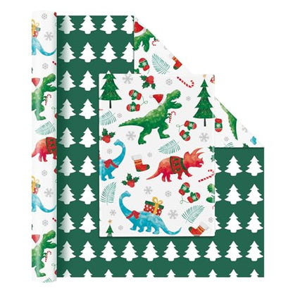 WERNNSAI Dinosaur Christmas Wrapping Paper Jumbo Roll 33 ft Green Dino Kids - color: Christmas Dinosaur C