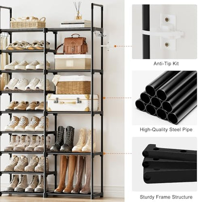 WOWLIVE 9 Tier 2-Column Shoe Rack, 30-35 Pairs Stackable Black - color: Black, size: 2 Row 9 Tier
